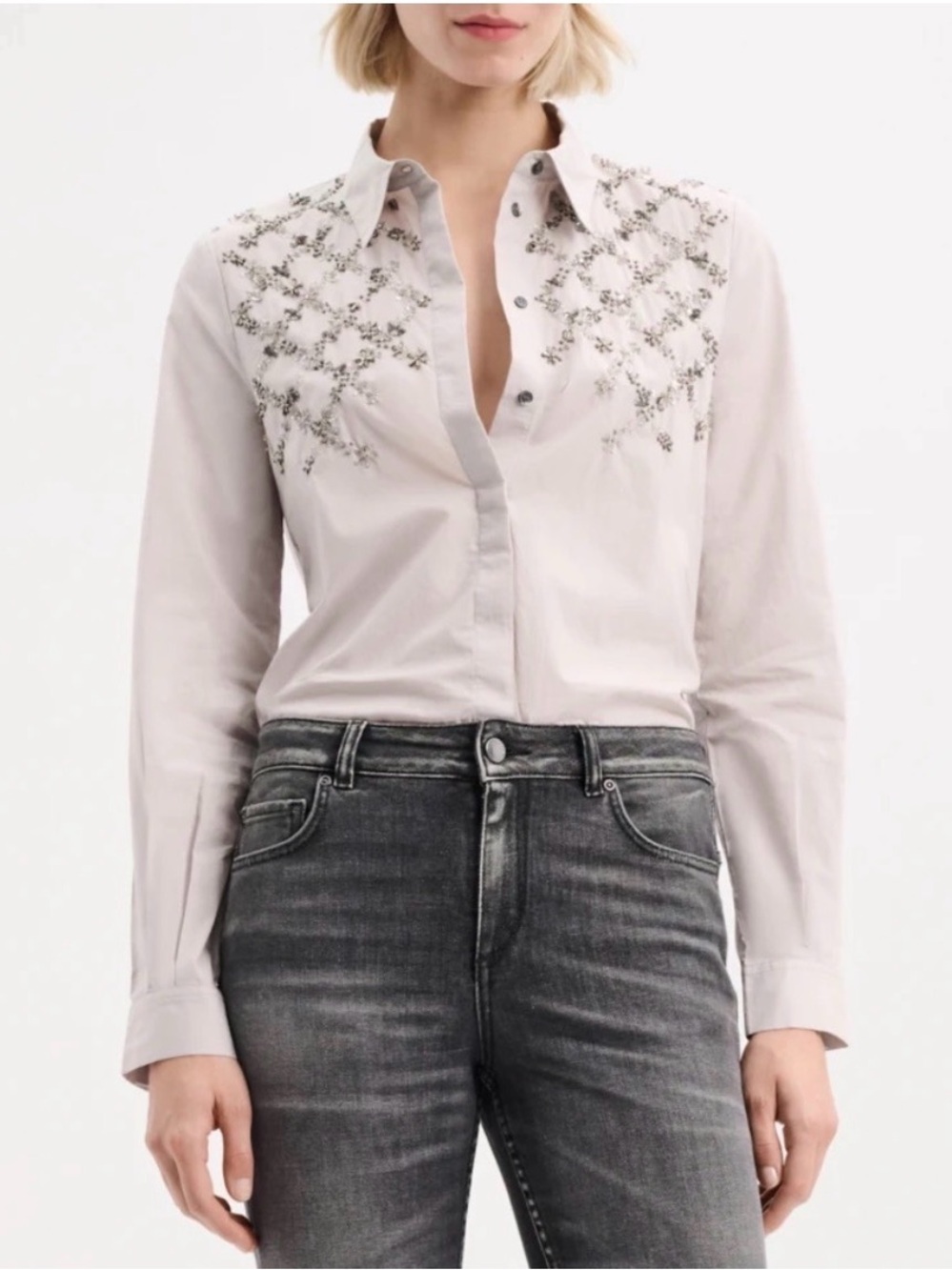Dorothee Schumacher Sparkling Poplin Blouse Silver Gray Beaded Embellished M/US8